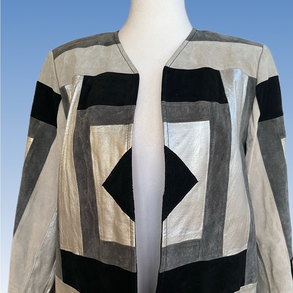LEATHER Adrienne Landau Silver gray and Black  Geometric Blazer size M - Picture 4 of 16